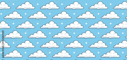 Cute cartoon cloud pattern with sparkling stars on a blue sky background
