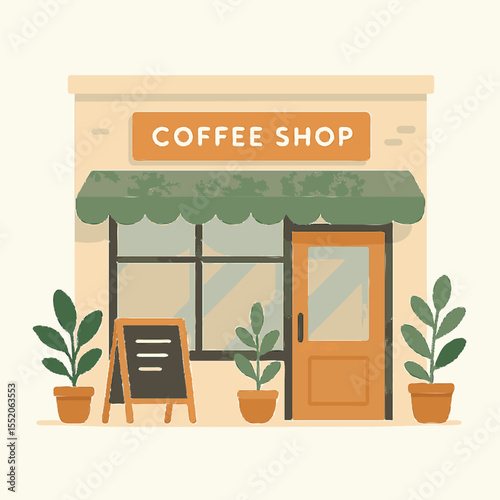 Flat vector illustration of a cozy coffee shop storefront with plants and signboard
