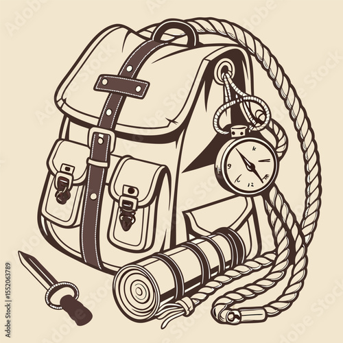 Adventure Awaits Backpack, Camping Gear, and Outdoor Equipment Illustration