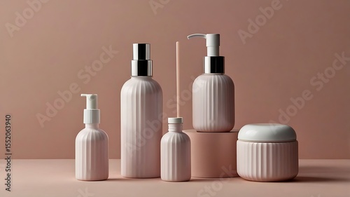 A collection of pink cosmetic bottles and jars displayed on a neutral background.