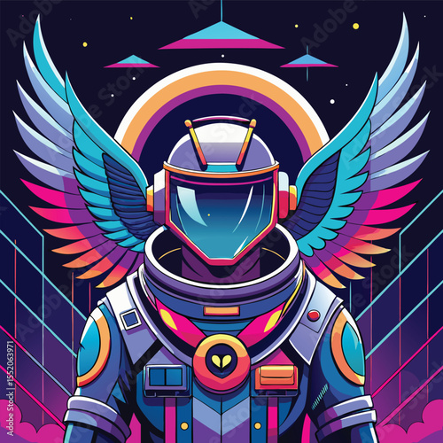 Cosmic Wings Angel Astronaut in Retro-Futuristic Space
