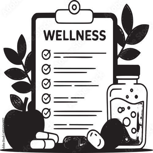 Wellness checklist with apple pills and supplements for healthy lifestyle choices display
