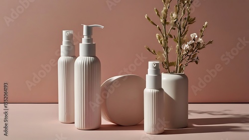 Minimalist skincare products displayed alongside a vase of delicate dried flowers.