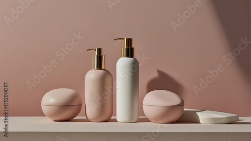 Two bottles with pumps and two round containers sit on a shelf against a pink background, next to a bar of soap.