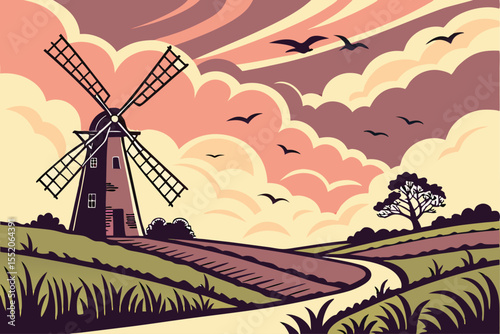 Dramatic Sunset Sky over Atmospheric Windmill Cloudscape Illustration
