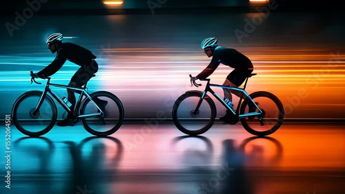 Two men riding bicycle fast with light trails, concept of speed and motion. Professional cyclist cycling on road at night footage.