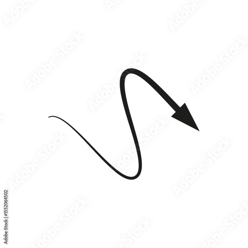 Wavy curved arrow. Thin long flexible arrow. Vector illustration.