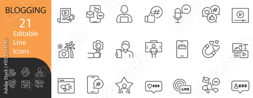 Blogging Line Icon Set — a modern thin-line vector collection featuring online content icons such as video, photo, influencer, and more. Isolated on transparent background.