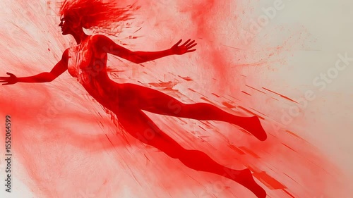 Woman flying through abstract red data. Digital transformation and AI neural network concept with fast moving lines animation footage.