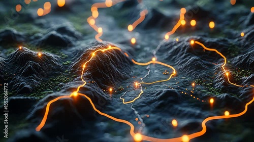 Digital network glow on abstract mountain terrain. Data lines connect points, conceptualizing global communication and smart city development.