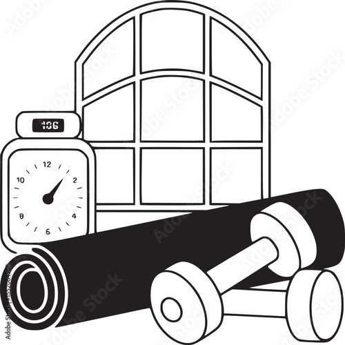 Illustration of workout equipment including dumbbells yoga mat clock and window frame design