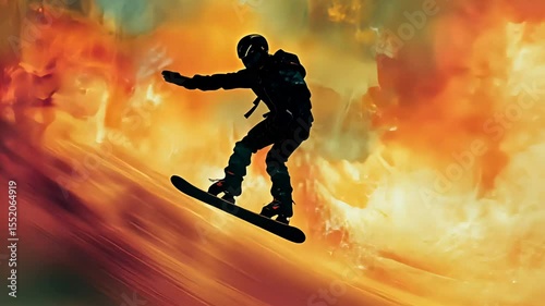 Silhouette of a man snowboarding in abstract orange and yellow digital art background. Dynamic sports and winter activity concept footage.