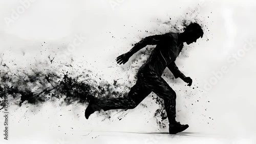 Black silhouette of a man running with dissolving particles. Concept of fast motion, transformation, abstract dark effect footage.