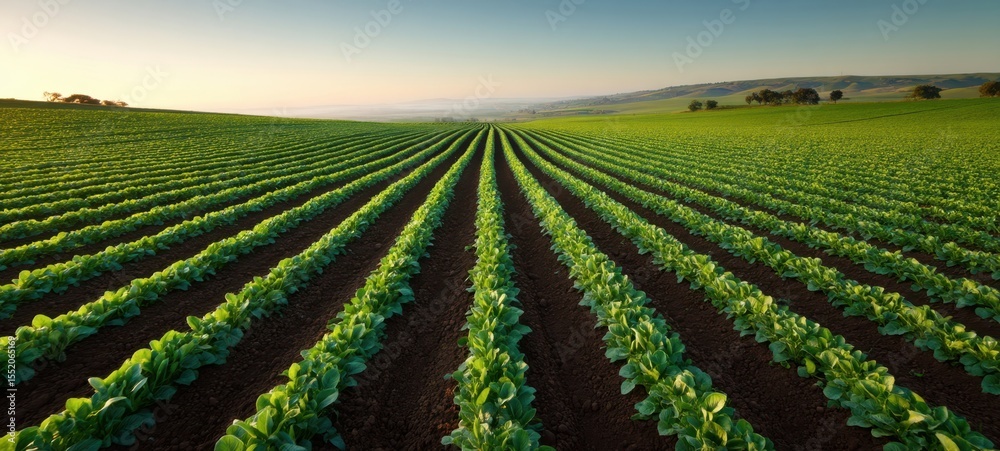 The expansive green field of thriving crops under a clear blue sky. The expansive green field of thriving crops under a clear blue sky.