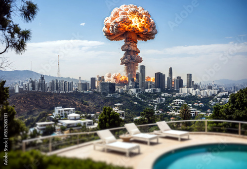 mushroom cloud over city with a view from a luxury pool