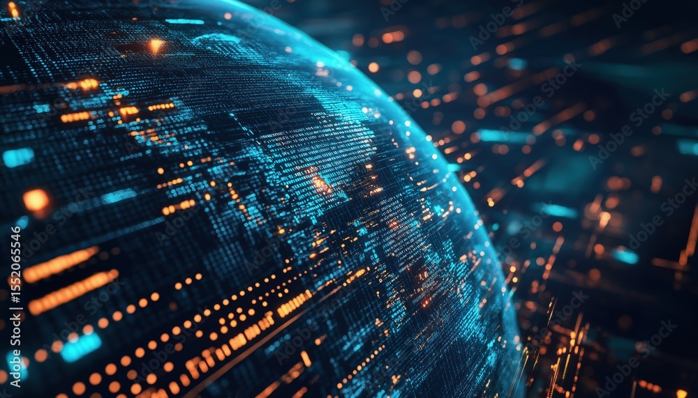 Obraz premium Digitally Generated Image Showing Globe With Binary Coding And Data Processing On Dark Background. Global Ai, Connections, Computing, And Data Processing Concept.