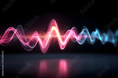 Colorful pink and blue glowing sound wave with light particles on black background