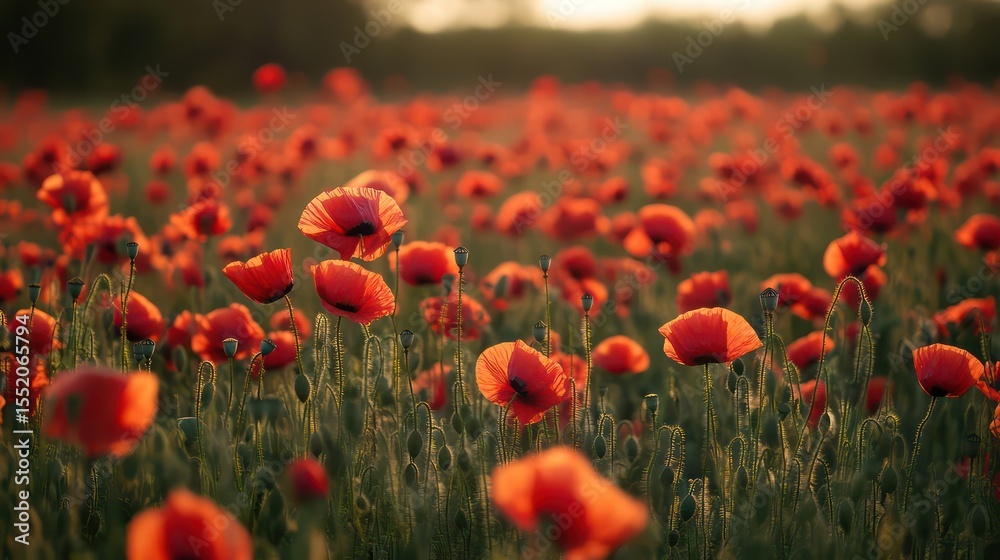 Obraz premium Poppy field at sunset, backlit petals glowing in the golden hour light