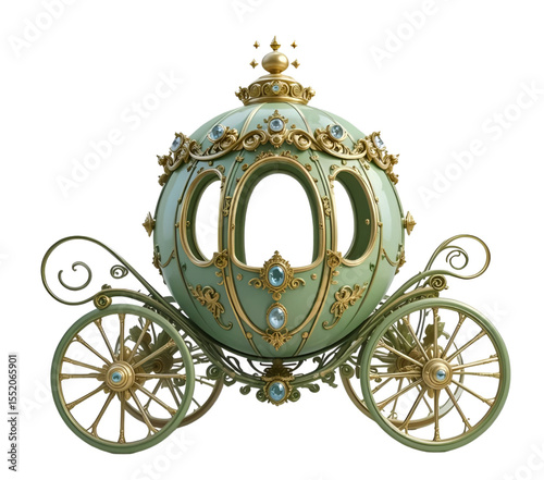Elegant Green Carriage With Intricate Designs And Gems Displayed On White Background.eps