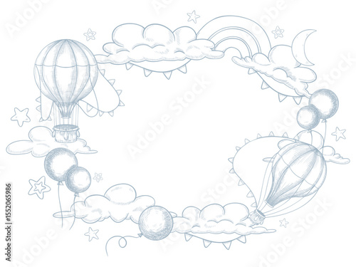 Vector frame illustration with hot air Balloons, clouds, mountains, and rainbows in outline engraving style. Linear drawing with aerostats for Baby shower greeting card or childish birthday invitation