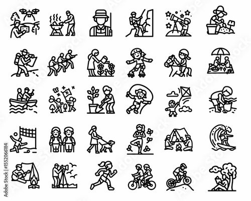 A collection of diverse leisure activity icons in a grid layout.
