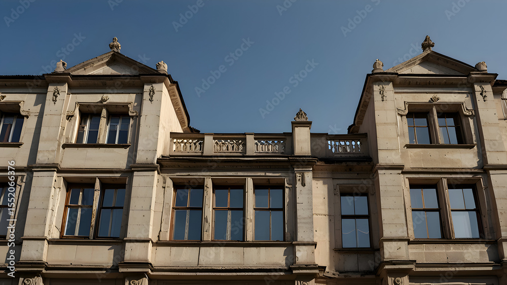 Fototapeta premium Old building facade with symmetrical windows, front-facing view and clear sky