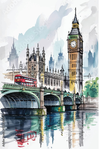 Autumn trees, Big Ben Clock Tower and thames river in London at England. Watercolor painting illustration landscape beautiful season. Landmark, business city. Watercolor painting of London, UK.