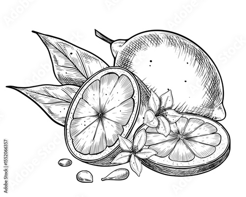 Vector illustration of Lemon with slices, whole fruit, flowers, and seeds. Vintage botanical engraving for natural product packaging, menus, and citrus design. Linear drawing for cooking book design.