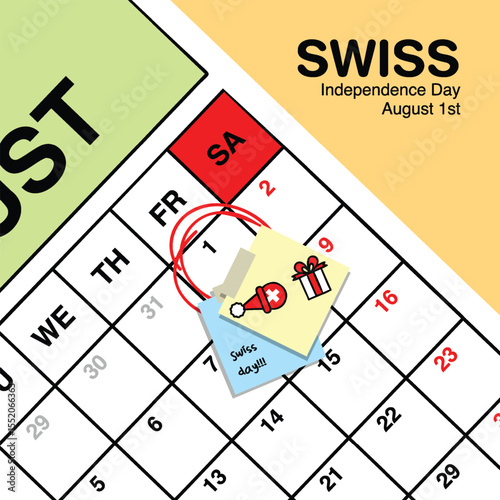 Swiss Independence Day reminder mark on August 1st in a wall calendar.
