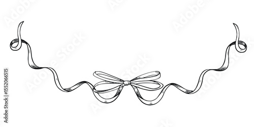 Vector drawing of Bow with loops. Linear illustration of Ribbon in etched vintage style for wedding greeting cards, stationery, or baby party invitations. Art of Border painted by black inks.