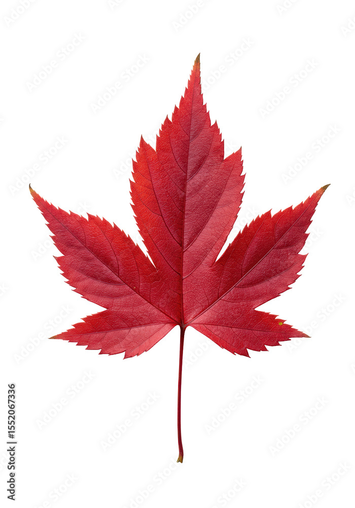 A single, vibrant deep red autumn leaf, intricate venation & serrated edges, isolated on a transparent background with subtle soft shadow & ample copy space, top-down product photography, concept of A single, vibrant deep red autumn leaf, intricate venation & serrated edges, isolated on a transparent background with subtle soft shadow & ample copy space, top-down product photography, concept of
