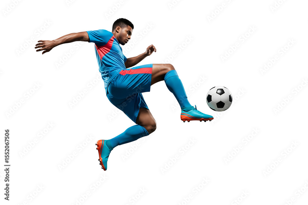 Fototapeta premium Dynamic Football Player Kicking Ball on Transparent Background