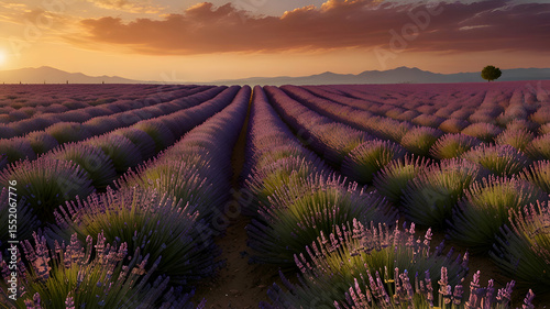 Lavender field in full bloom under golden sunset light, wide view