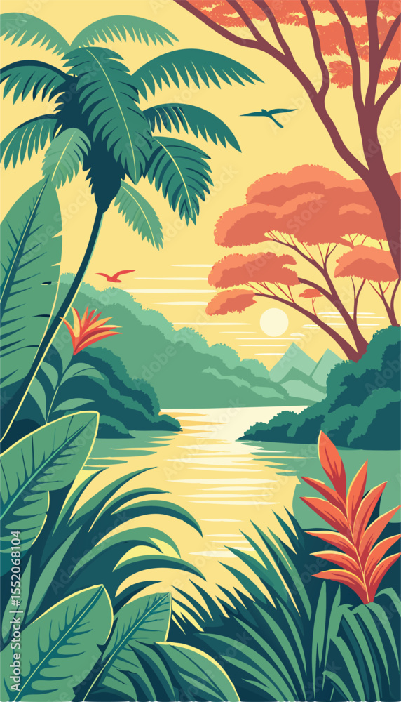 Obraz premium Beautiful Tropical Jungle Landscape with Sunset Sky. Vector illustration