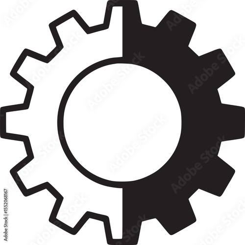 A graphic illustration of a half black and half white gear on a plain white background