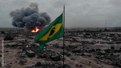 Drone flies over Brazil’s battlefield. Amid smoke and ruins, a torn green flag with yellow diamond and blue globe waves—cinematic symbol of pride and resilience