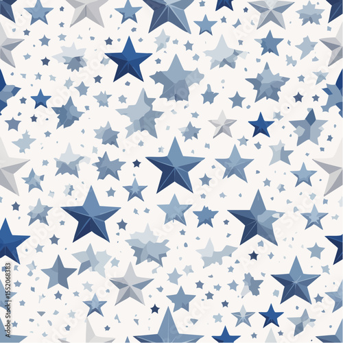 A seamless vector pattern with star motifs in a space theme, featuring deep blue and silver tones, ideal for cosmic designs or sci-fi-inspired projects.
