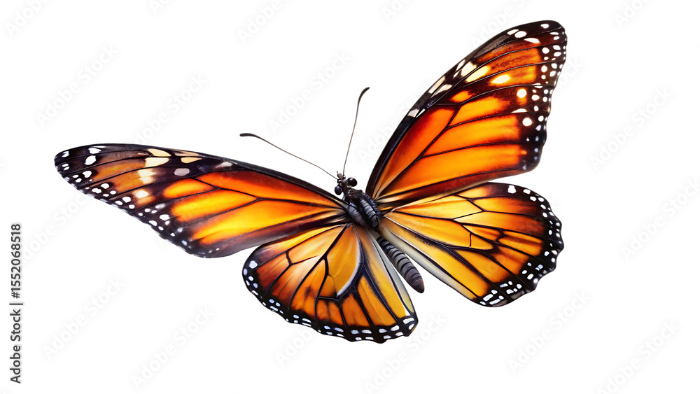 Fototapeta premium Monarch butterfly with vibrant orange and black wings in flight isolated on a transparent background