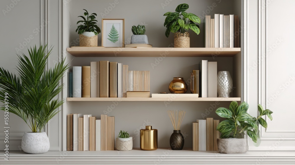 Fototapeta premium Bookshelf with Books, Plants, and Decorative Objects