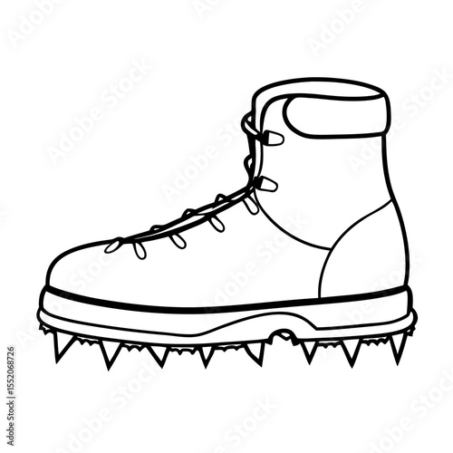 Ice climbing boot with crampons in black and white outline design  