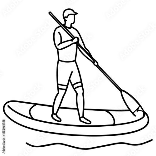 Man paddleboarding on water with paddle in summer  