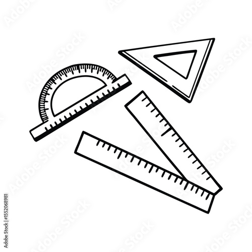 Protractor, triangle, and rulers are displayed against a white backdrop in simple line drawing
