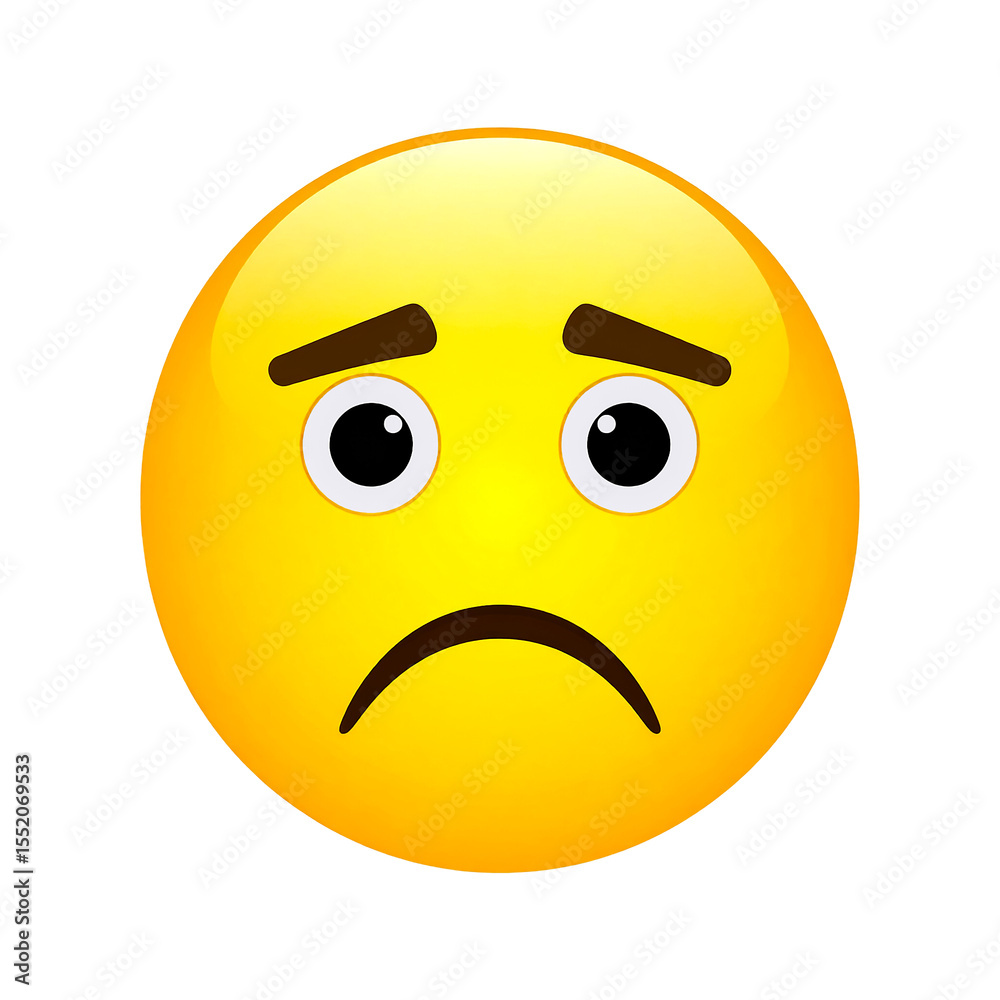 Fototapeta premium Sad yellow emoji face with downturned mouth and worried eyebrows isolated on transparent background