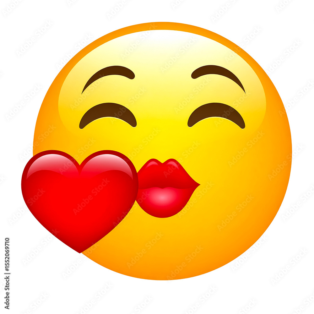 Fototapeta premium Yellow smiley face emoji blowing a kiss with a red heart isolated on transparent background