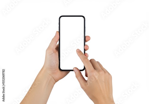Hands holding and touching a smartphone with blank screen
