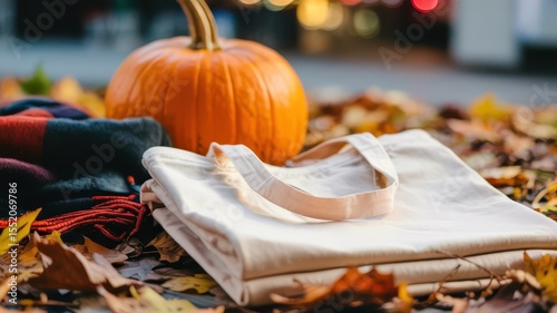 A cozy autumn scene outdoors. A canvas tote bag mockup sits next to an orange pumpkin and a red plaid scarf surrounded by yellow leaves.