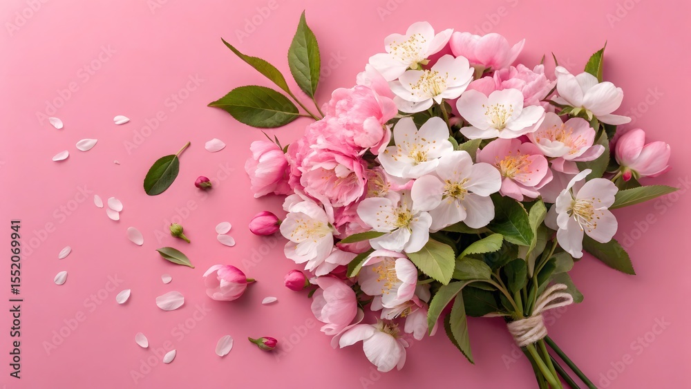 Delicate Bouquet of Pink and White Blossoms on a Soft Pink Background with Scattered Petals Delicate Bouquet of Pink and White Blossoms on a Soft Pink Background with Scattered Petals
