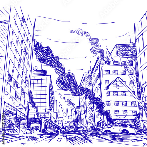 illustration of a sketch of a city destroyed by war