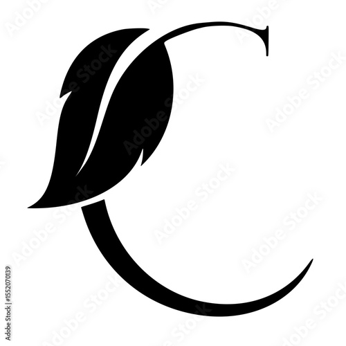 icon or logo, vector silhouette of letter C with leaves