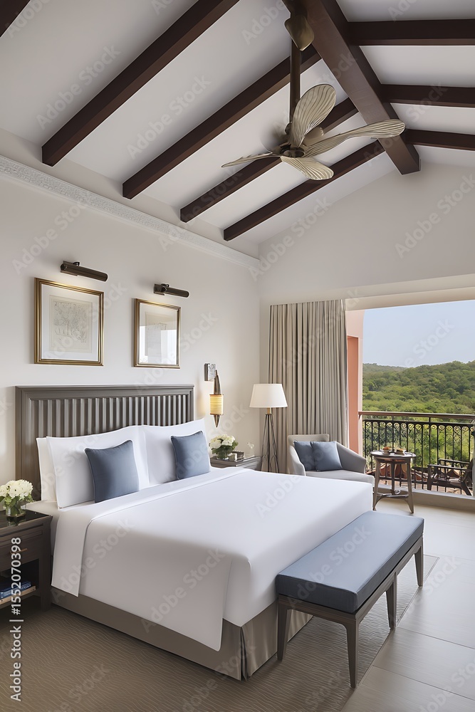 Fototapeta premium Luxurious bedroom with balcony overlooking nature